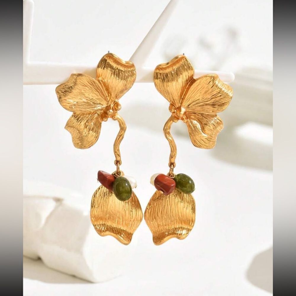 Gold Orchid Drop Earrings with Multicolor Beads